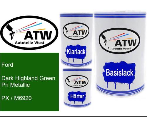 Ford, Dark Highland Green Pri Metallic, PX / M6920: 500ml Lackdose + 500ml Klarlack + 250ml Härter - Set, von ATW Autoteile West.